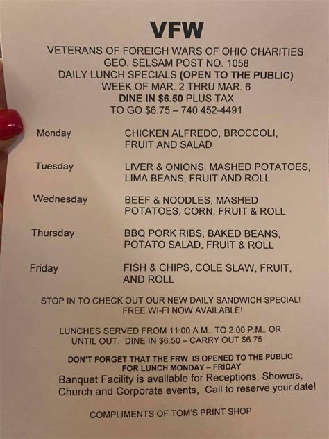 Also there are daily specials. . Vfw lunch specials